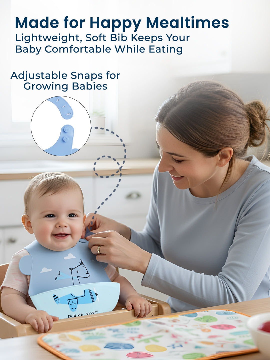 Woman adjusting a bib on a baby with text about the bib's features.