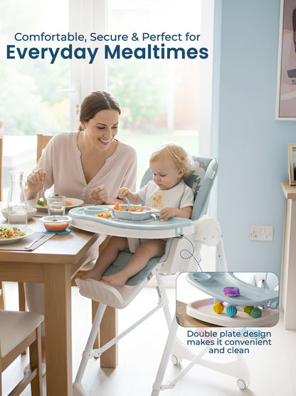 Woman and child using a high chair with a table setting, promoting comfort and security for everyday mealtimes.