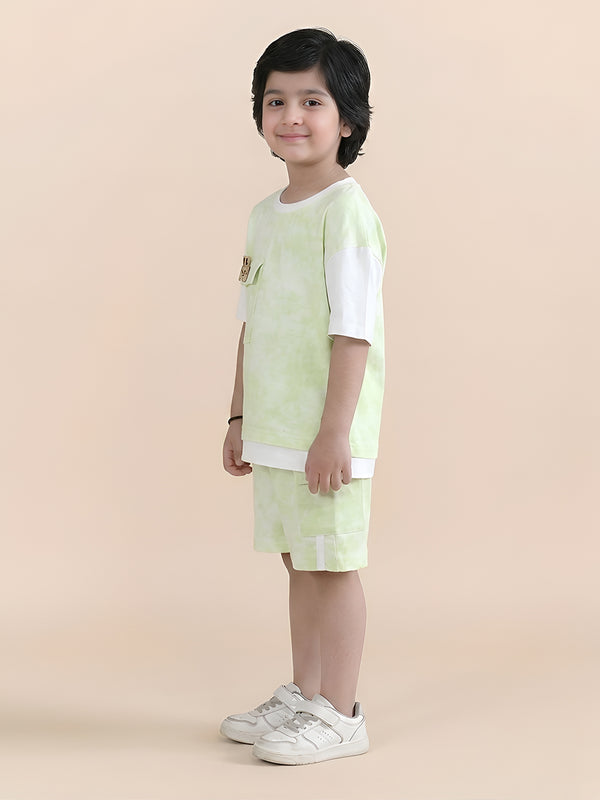 Polka Tots Half Sleeves Tie-Dye T-Shirt Shorts with Pocket Detail - Green