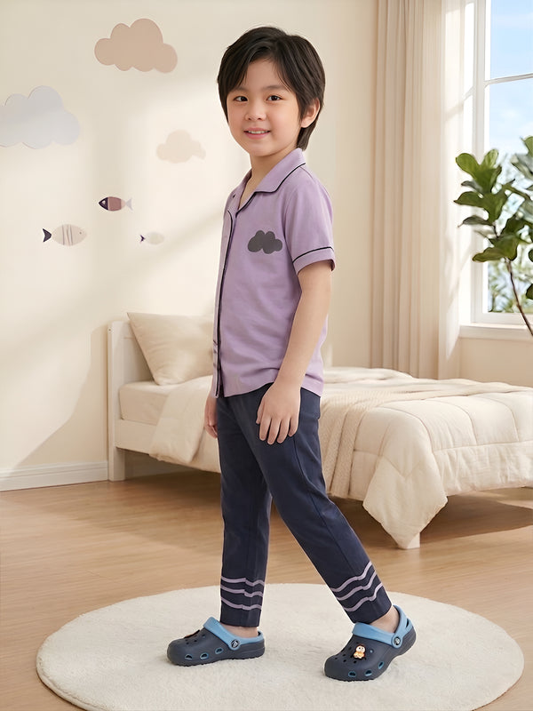 Polka Tots Half sleeves Fish print Night Suit - Purple