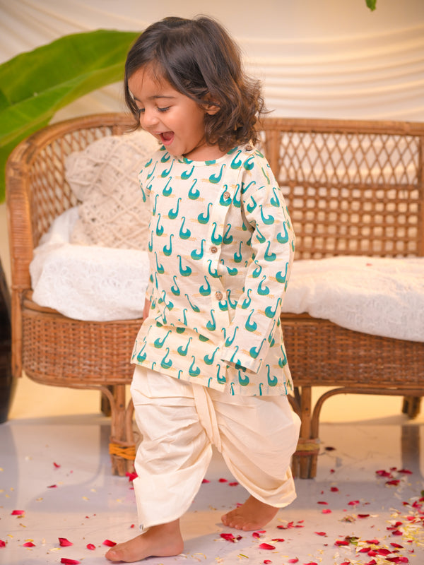 Polka Tots Swan Print Angrakha Top With Dhoti - Green