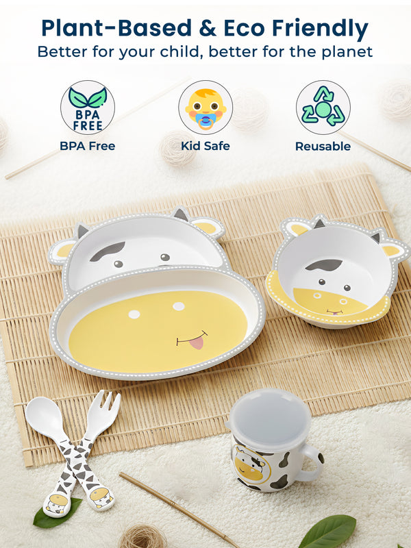 Eco-Friendly 5 Pieces Bamboo Fiber Kids Crockery Set (Cow)