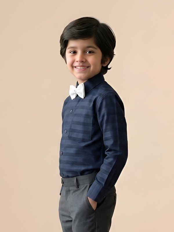Polka Tots Full Sleeves Cotton Shirt with Bow Tie - Navy