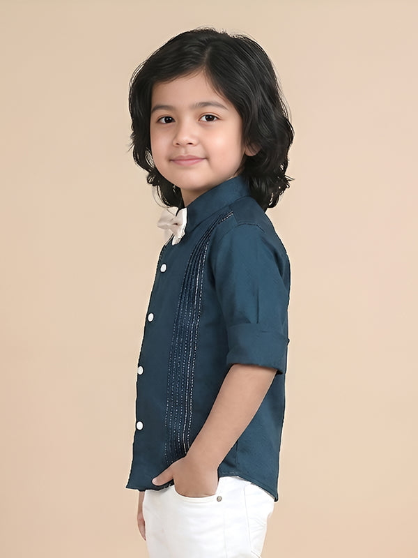 Polka Tots Full sleeves Lining shirt with Bow - Navy Blue