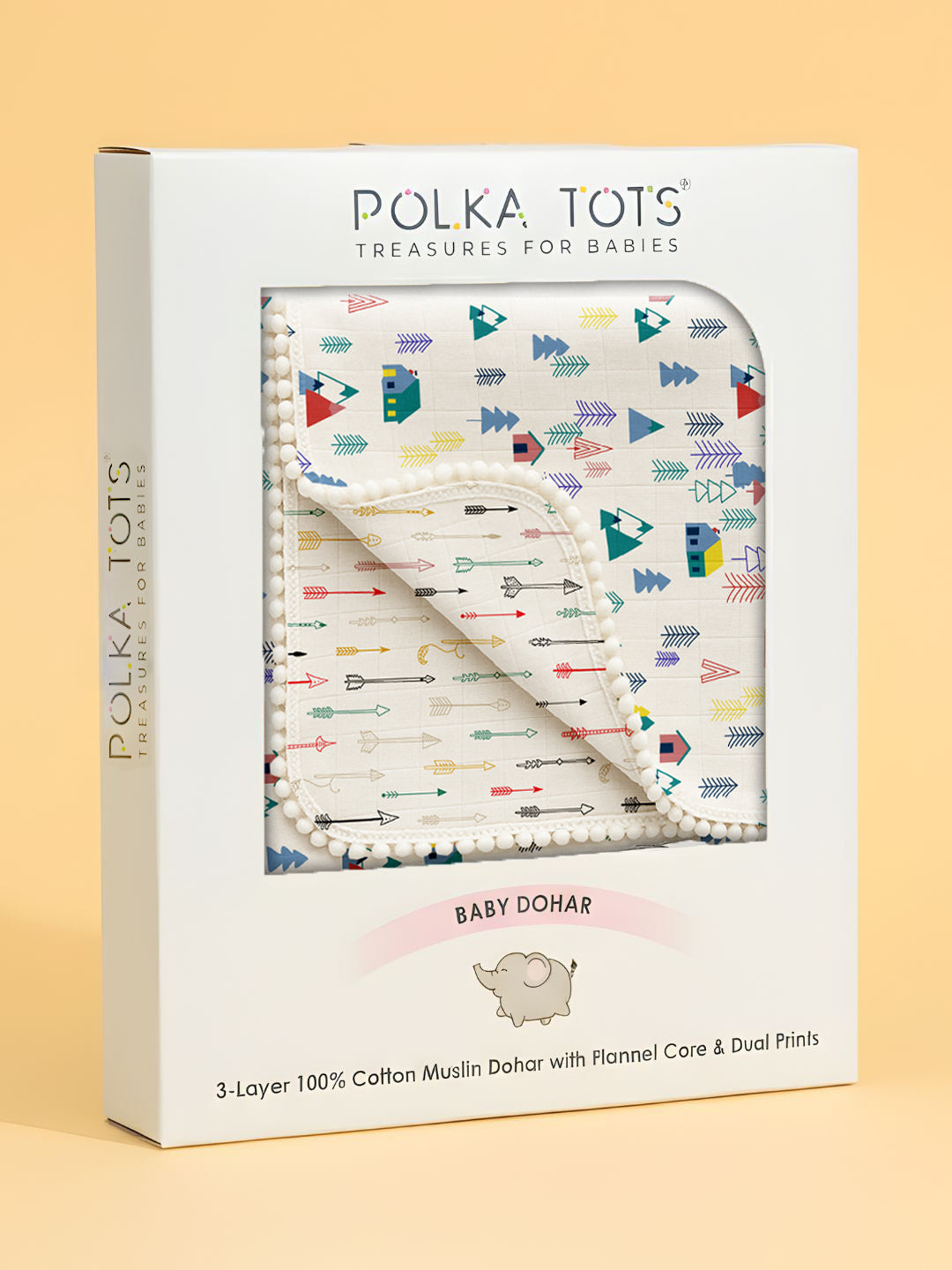 Polka Tots 100% Soft Muslin Cotton 3-Layer Reversible Baby Blanket/Dohar with Pom-Pom Lace - Tiny Town and Cupid Print