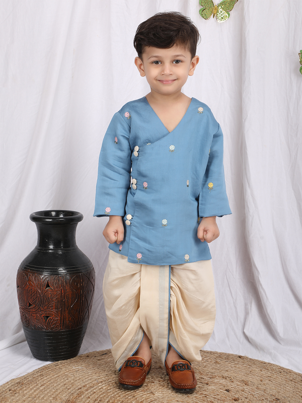 Polka Tots Full sleeve Flower Embroidery Angrakha With Dhoti Set - Blue