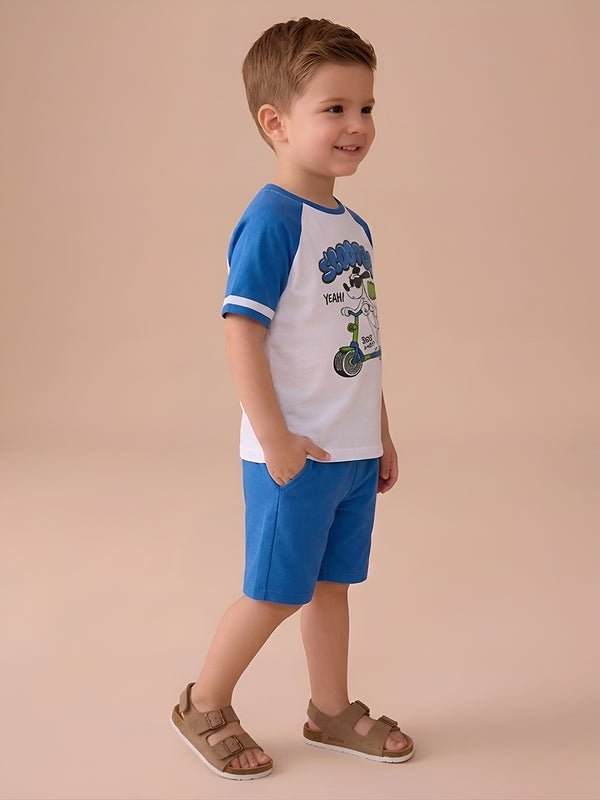 Polka Tots Half Sleeves Scooter Gang print T-Shirt Shorts - White and Blue