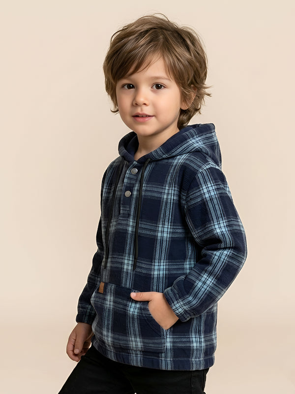 Polka Tots Kids Full Sleeves Checked Hoodie Shirt - Black