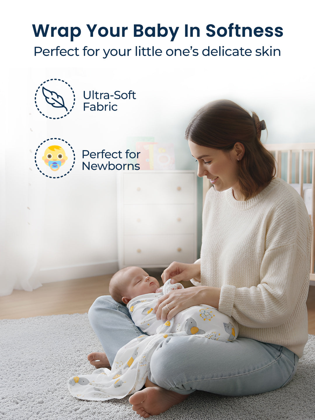 Woman holding a baby in a soft wrap with text about ultra-soft fabric and suitability for newborns.