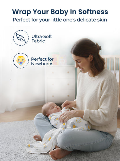 Woman holding a baby in a soft wrap with text about ultra-soft fabric and suitability for newborns.