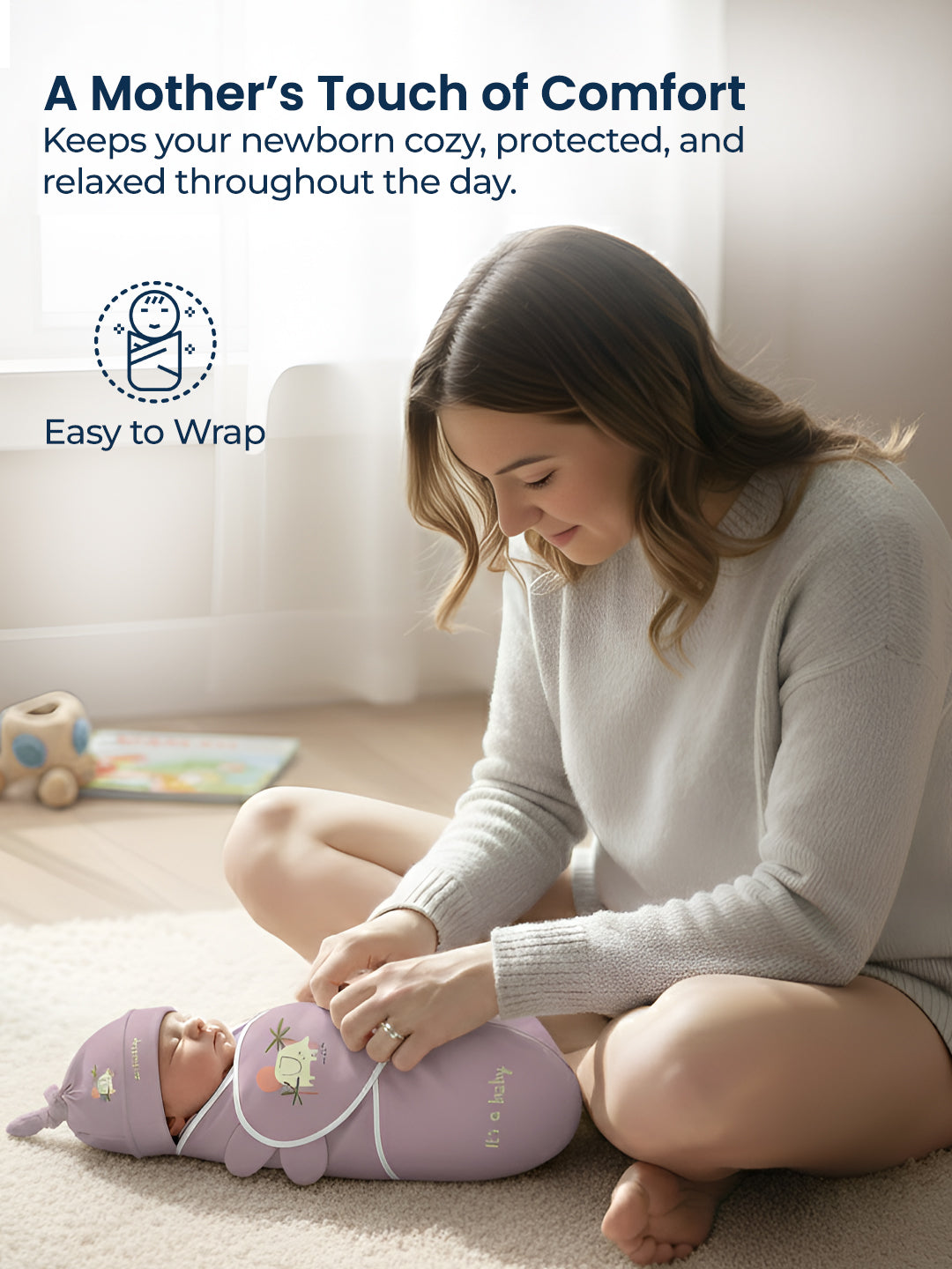 Polka Tots Cute Elephant print swaddle wrap with Cap - Lavender