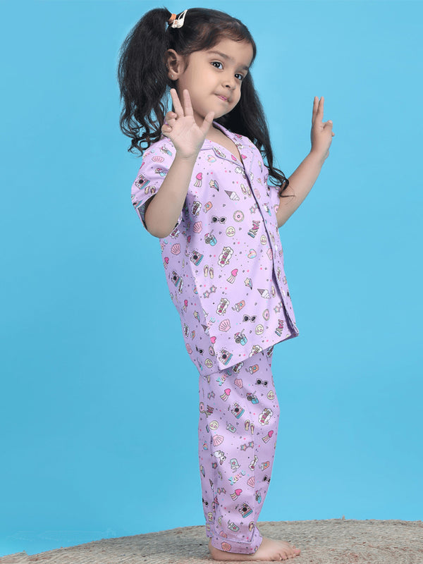Polka Tots Half Sleeves Ice-cream print Night Suit - Purple