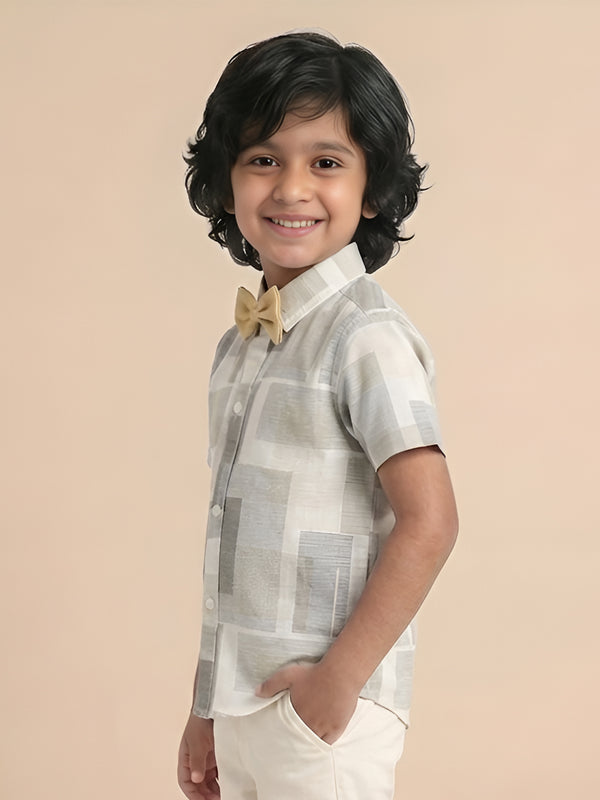 Polka Tots Half Sleeves Shirt with Bow Tie - Beige