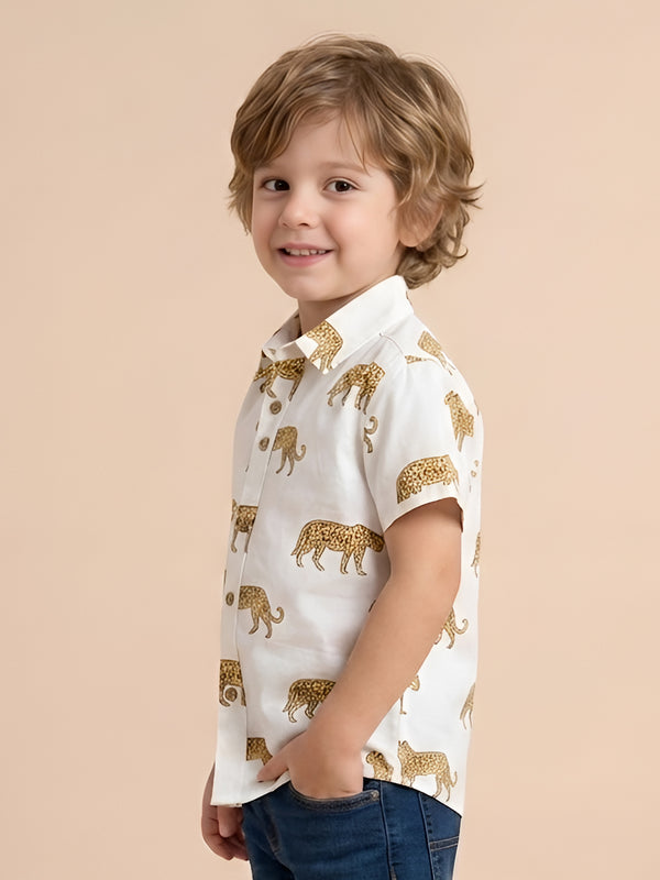 Polka Tots Half Sleeve Shirt Leopard Print - White