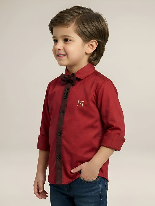Polka Tots Full Sleeve Party Wear Reverse Collar Placket With Bow Tie Kids Shirt - Red