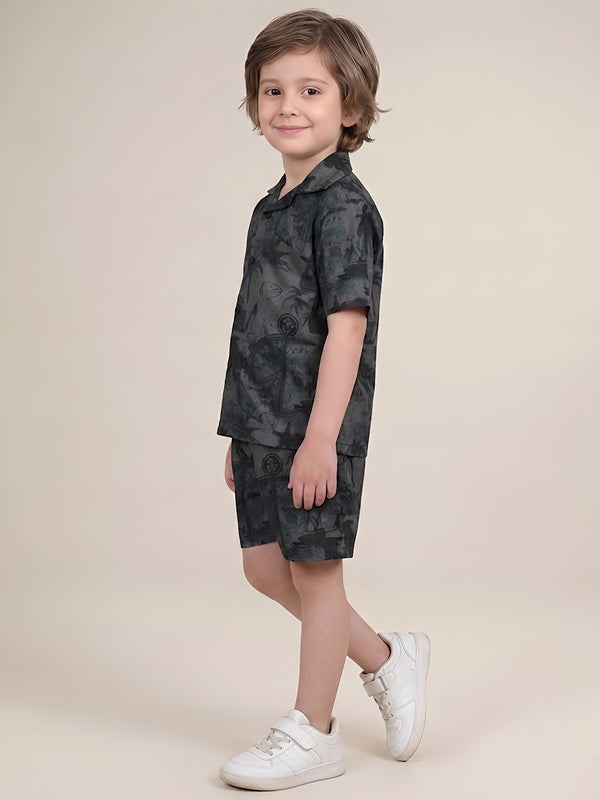 Polka Tots Half Sleeves Tropical print co-ord set - Black