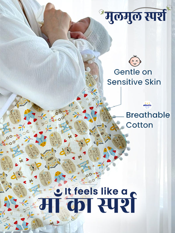 Polka Tots 100% Soft Muslin Cotton 3-Layer Reversible Baby Blanket/Dohar with Pom-Pom Lace - Jumbo Jr. & Hello Baby Print