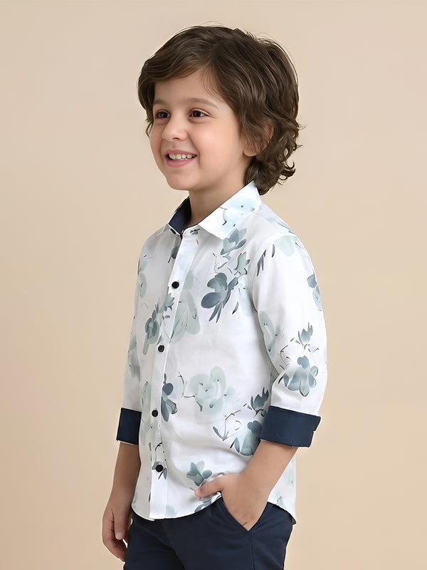 Polka Tots Full Sleeve Shirt Blue Floral Print - White