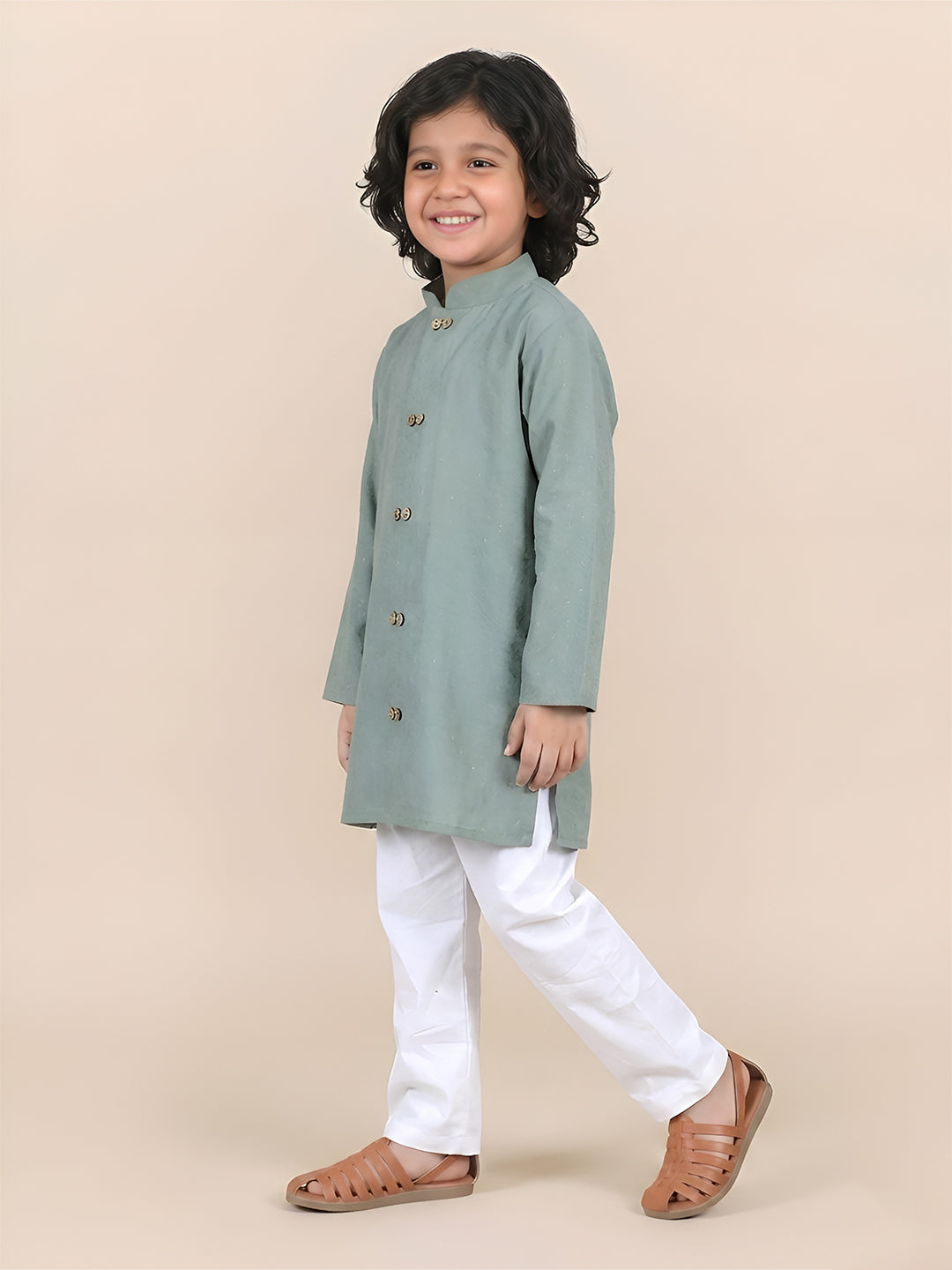 Polka Tots Full Sleeve Boys Geometric Buta Weave Ethnic Kurta Pyjama Set with Wooden Buttons - Green