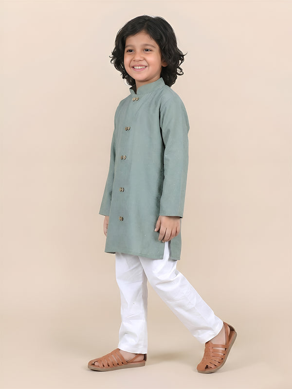 Polka Tots Full Sleeve Boys Geometric Buta Weave Ethnic Kurta Pyjama Set with Wooden Buttons - Green