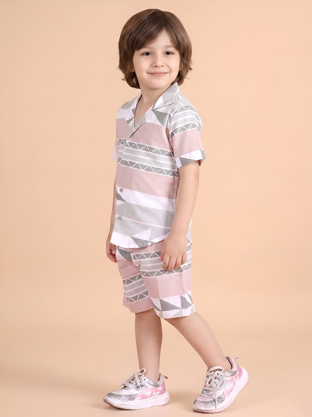 Polka Tots Half Sleeves Geometrc print Co-ord Shorts - Brown