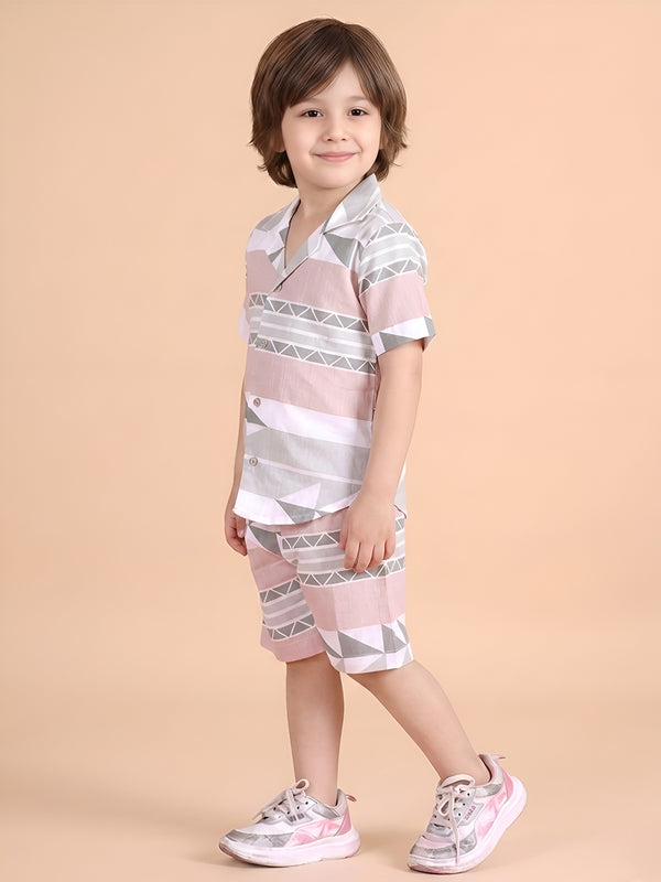 Polka Tots Half Sleeves Geometrc print Co-ord Shorts - Brown