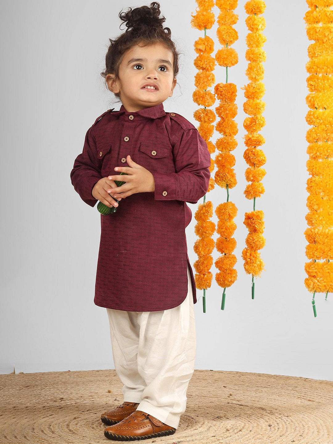 Polka Tots Full Sleeves Pathani Set - Maroon