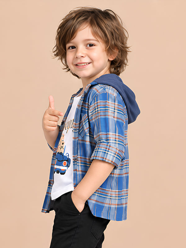 Polka Tots Full Sleeves Bon Voyage print Shirt With Attached Tshirt - Blue
