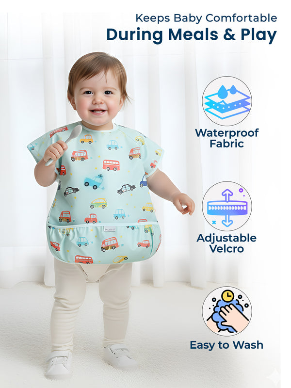 POLKA TOTS Half Sleeve Baby Bibs for Toddlers Feeding Apron with Pocket Washable/Reusable Baby Drooling Apron (Car Design)