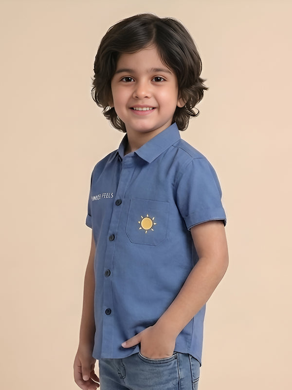 Polka Tots Half Sleeves Text Print Detailing Shirt - Blue
