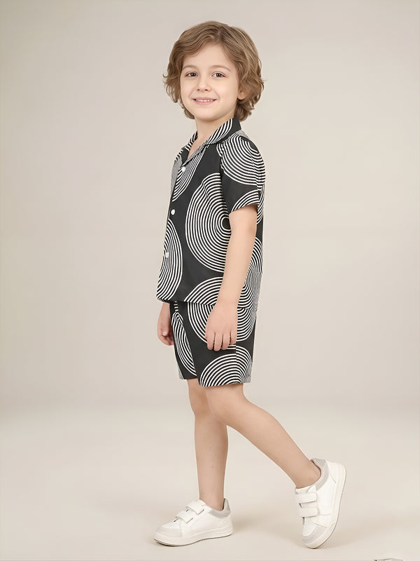 Polka Tots Half Sleeves Geometric print Co-ords - Black