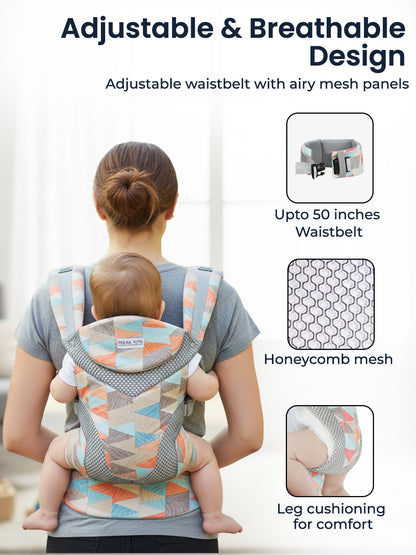 Person using a baby carrier with text highlighting adjustable waistbelt, airy mesh panels, and leg cushioning.