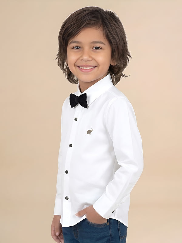 Polka Tots Full Sleeves Solid Shirt With Bow Tie - White