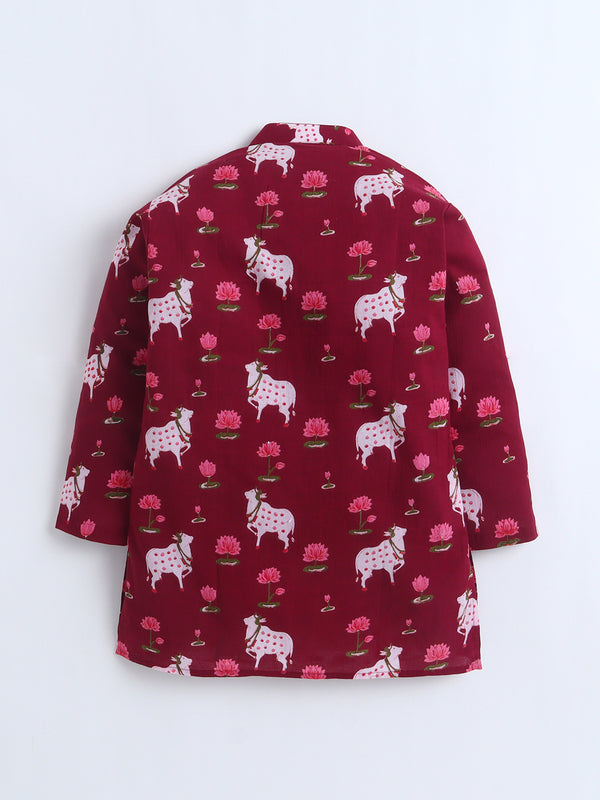 Polka Tots Full Sleeve Pichwai Print Kurta Dhoti- Pink