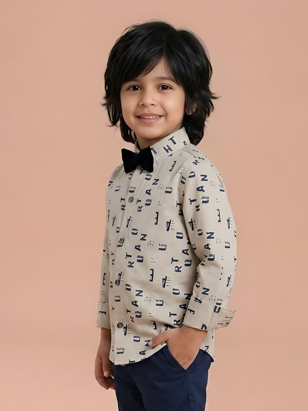 Polka Tots Full Sleeve Lycra Shirt Alphabet Print with Bow Tie Cream