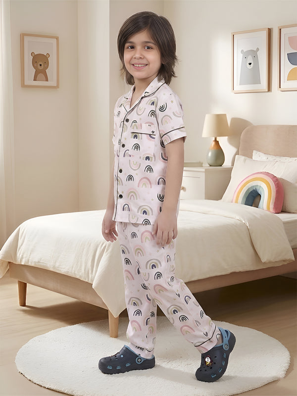 Polka Tots Half sleeves Rainbow print Night Suit - White