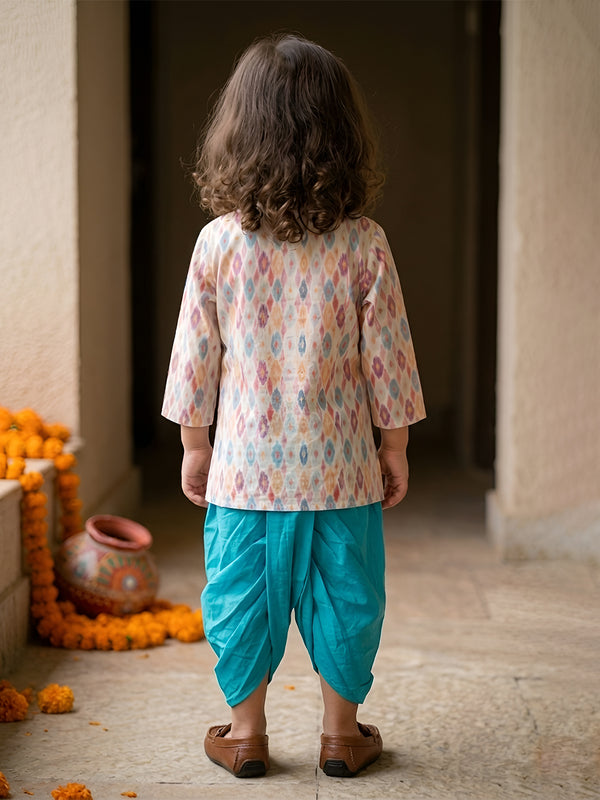Polka Tots Full Sleeve Abstract print Angrakha With Dhoti - Turquoise Blue