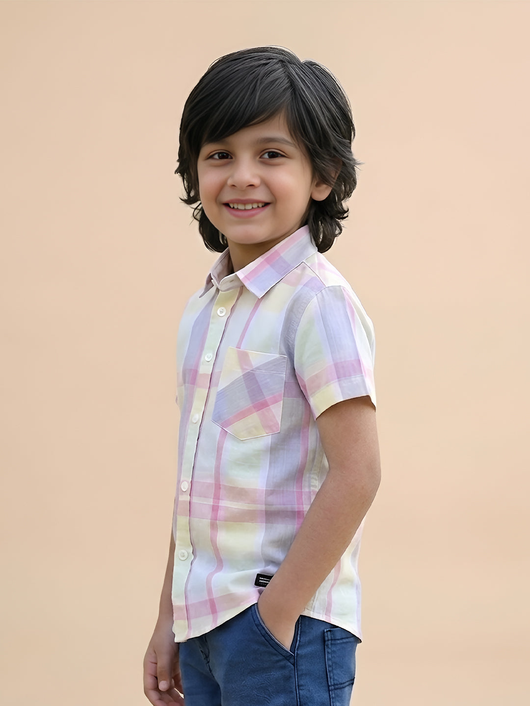Polka Tots Half Sleeves Checks print Kids Shirt - Yellow