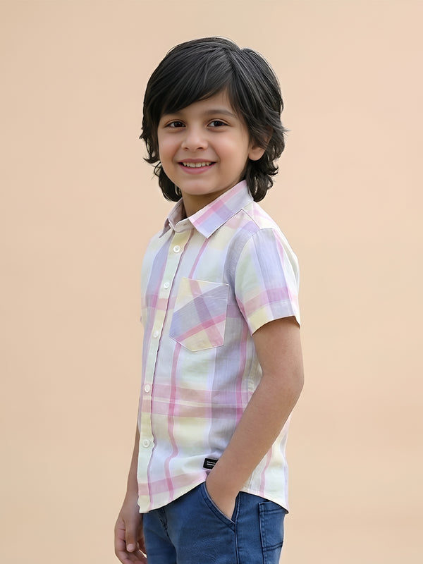 Polka Tots Half Sleeves Checks print Kids Shirt - Yellow