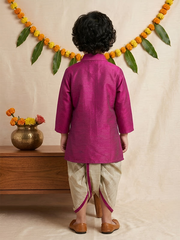 Polka Tots Premium Raw Silk Dual-Tone Kurta with Dhoti Set - Magenta