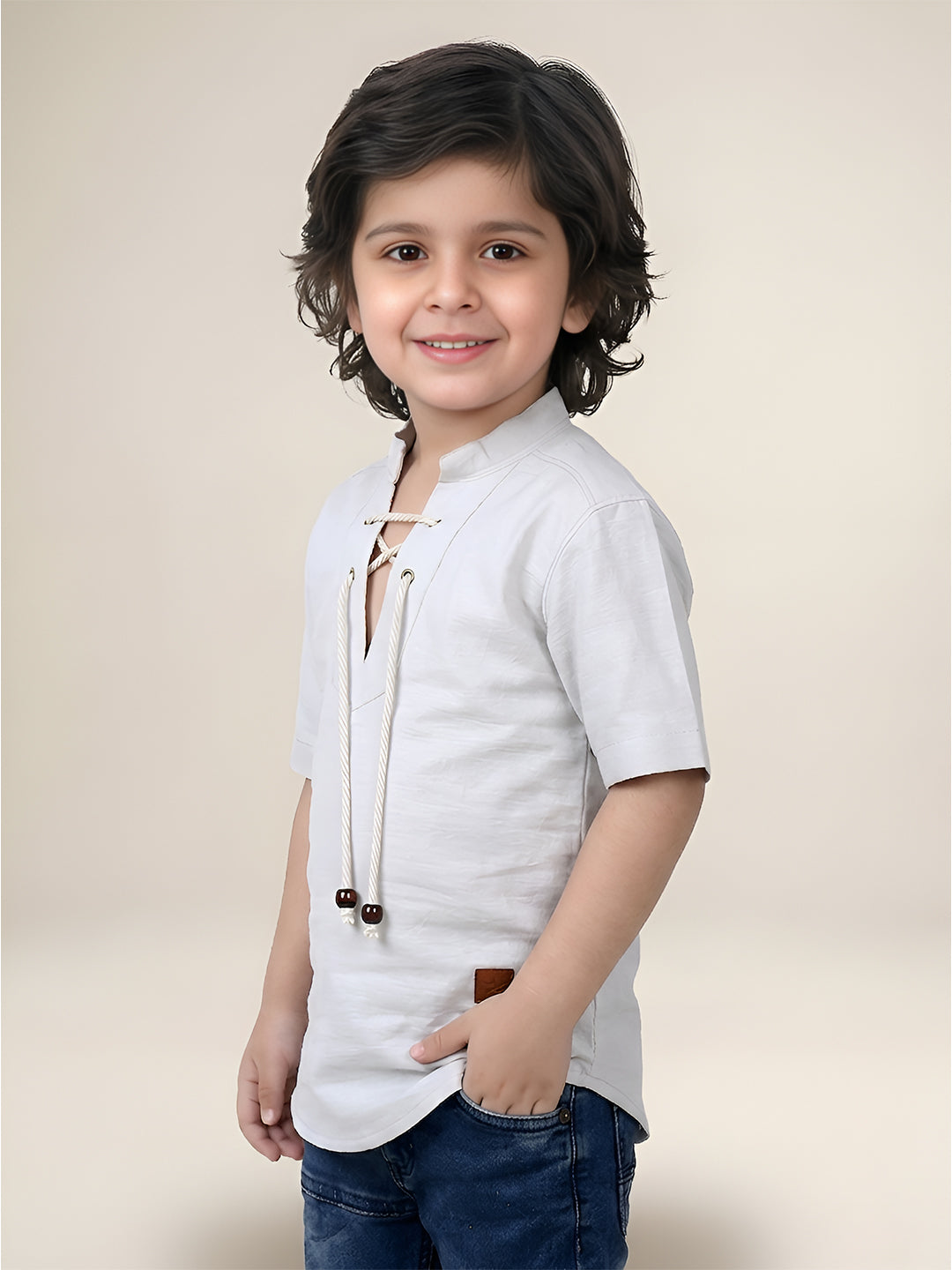 Polka Tots Half Sleeve Kids Kurta - Grey