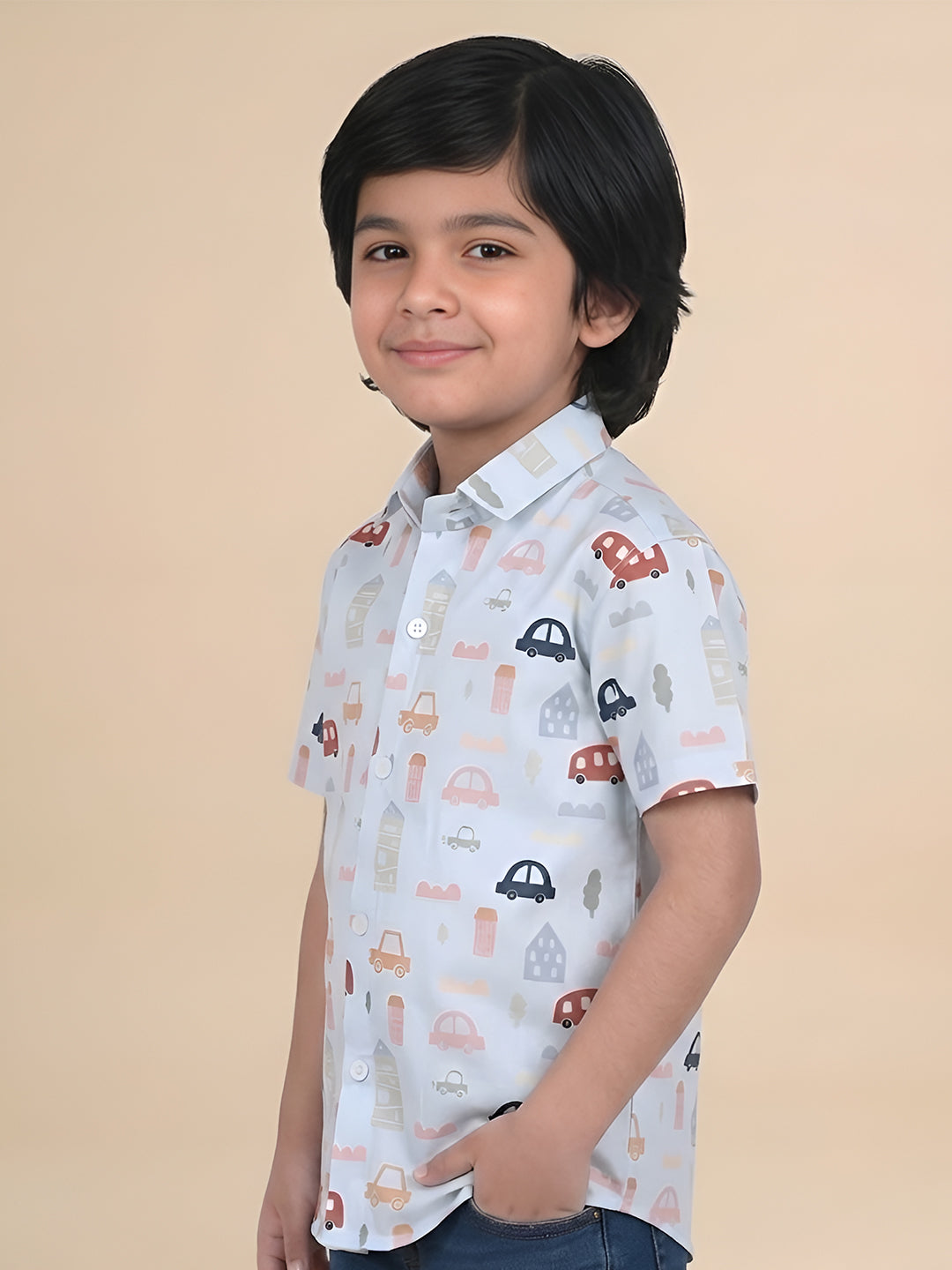 Polka Tots Half Sleeves Vehicles print Shirt - Blue