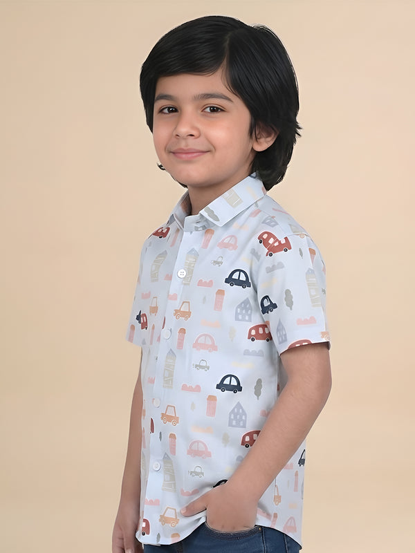 Polka Tots Half Sleeves Vehicles print Shirt - Blue