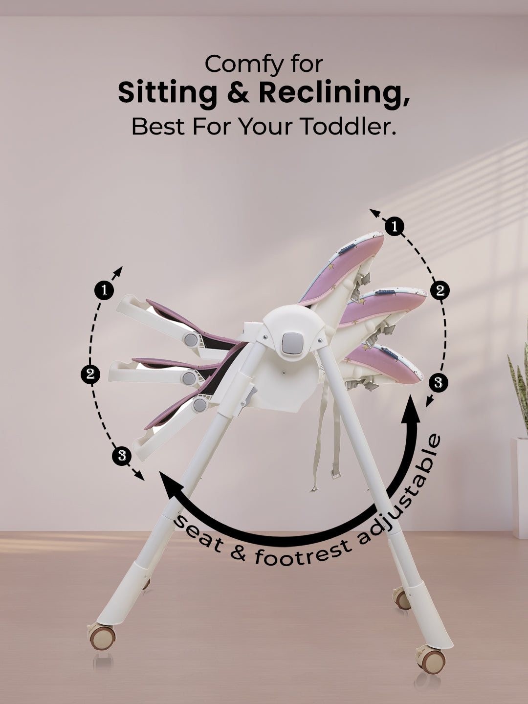 White and pink adjustable chair with text on a beige background