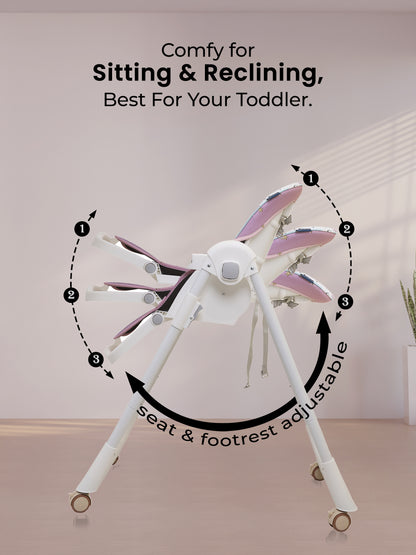 White and pink adjustable chair with text on a beige background