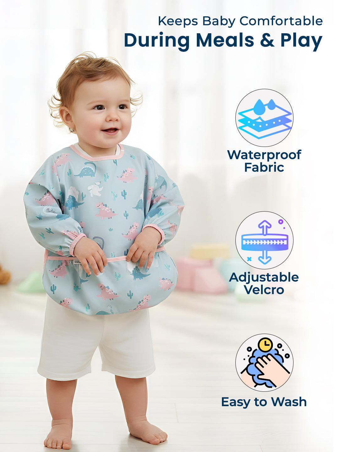 Baby wearing a waterproof apron with text highlighting features on a white background