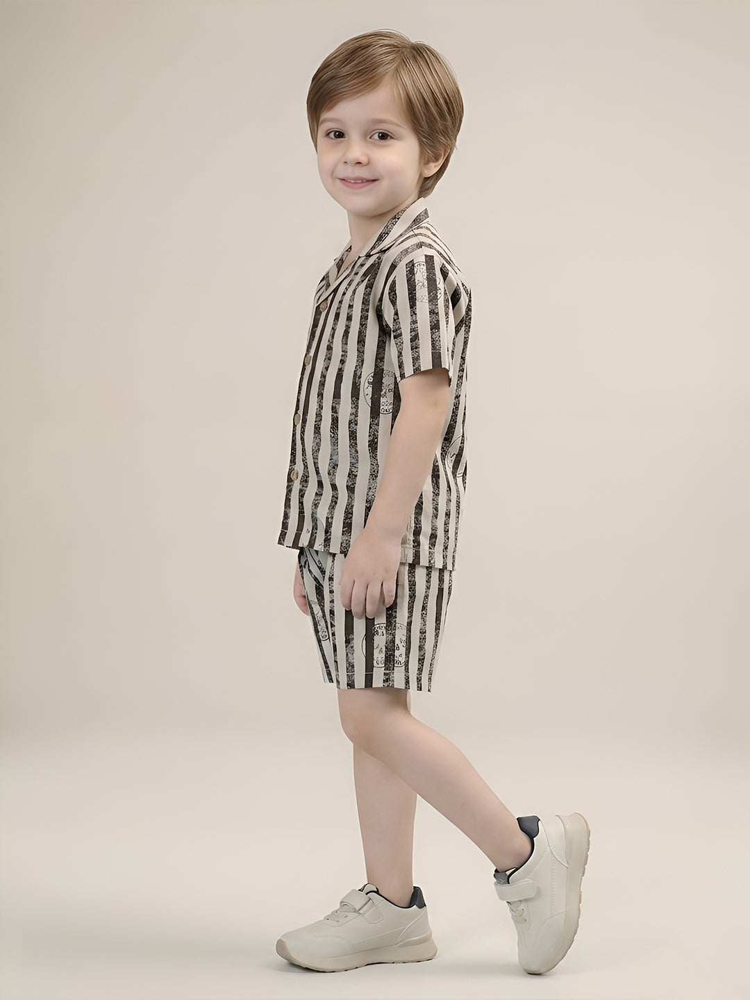 Polka Tots Half Sleeves Lining print Co-ords - Brown