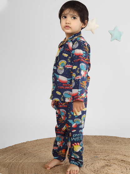 Polka Tots Full Sleeve Space print Night Suit - Blue
