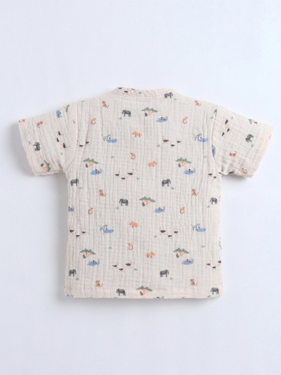 Polka Tots Wrinkled Muslin Cotton Jungle Safari Print Kediya Jhabla & Pant Set - Peach
