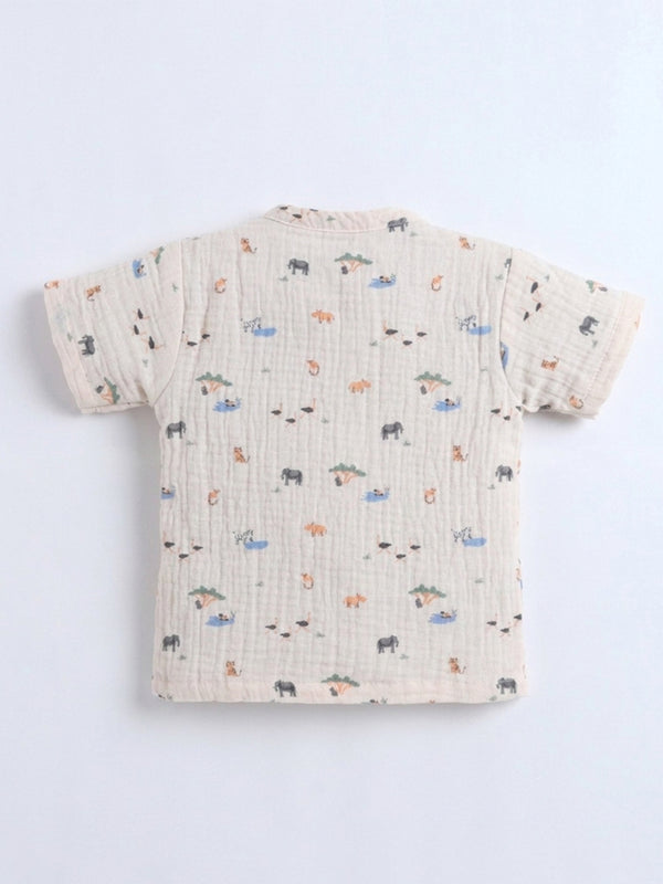 Polka Tots Wrinkled Muslin Cotton Jungle Safari Print Kediya Jhabla & Pant Set - Peach